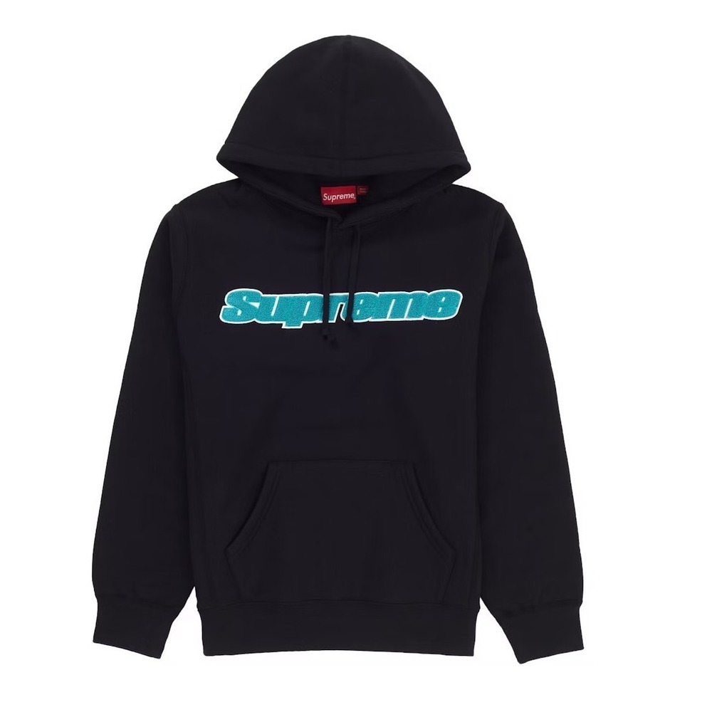 Supreme Chenille Logo Hoodie Black Teal Applique Sweatshirt Canada Medium